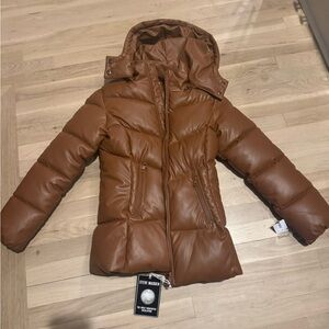 Steve Madden Cognac Quilted Faux-Leather Puffer Jacket with Hood